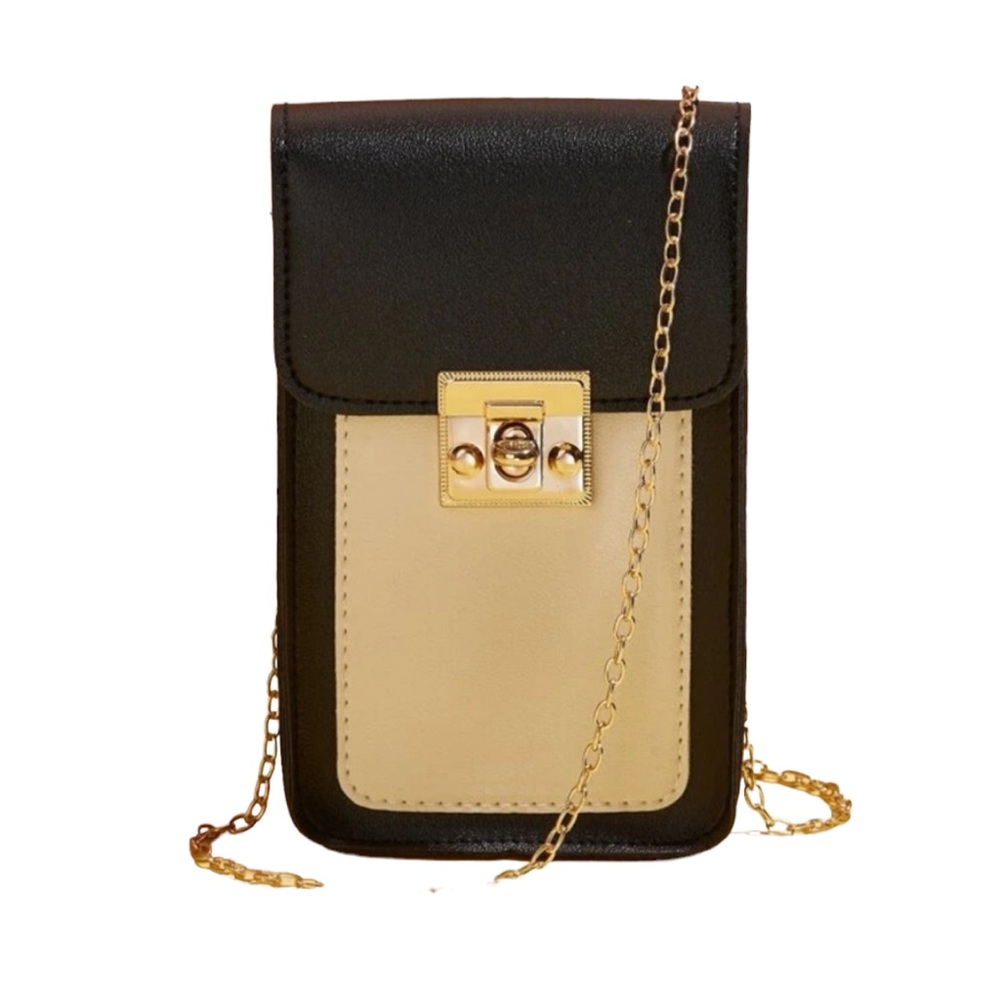 Vegan Leather Black and Cream Crossbody Purse with Gold Chain